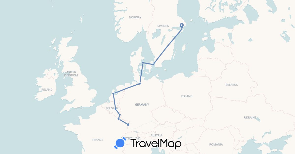TravelMap itinerary: driving, cycling in Belgium, Germany, Denmark, France, Luxembourg, Netherlands, Sweden (Europe)